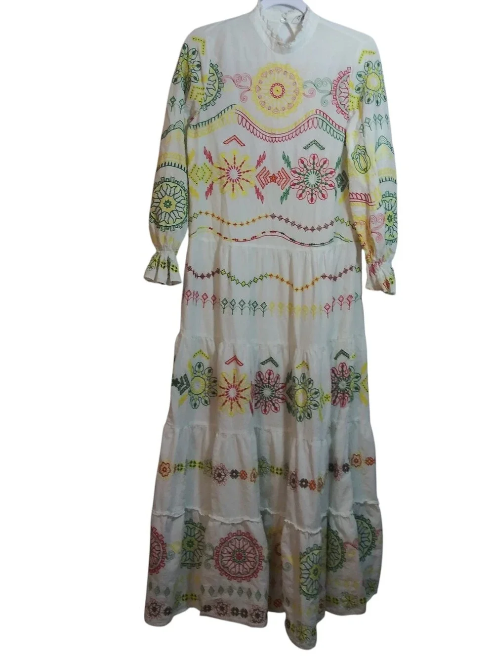 Zara Boho White Maxi Dress with Multicolor Embroidered Medallions Size XS